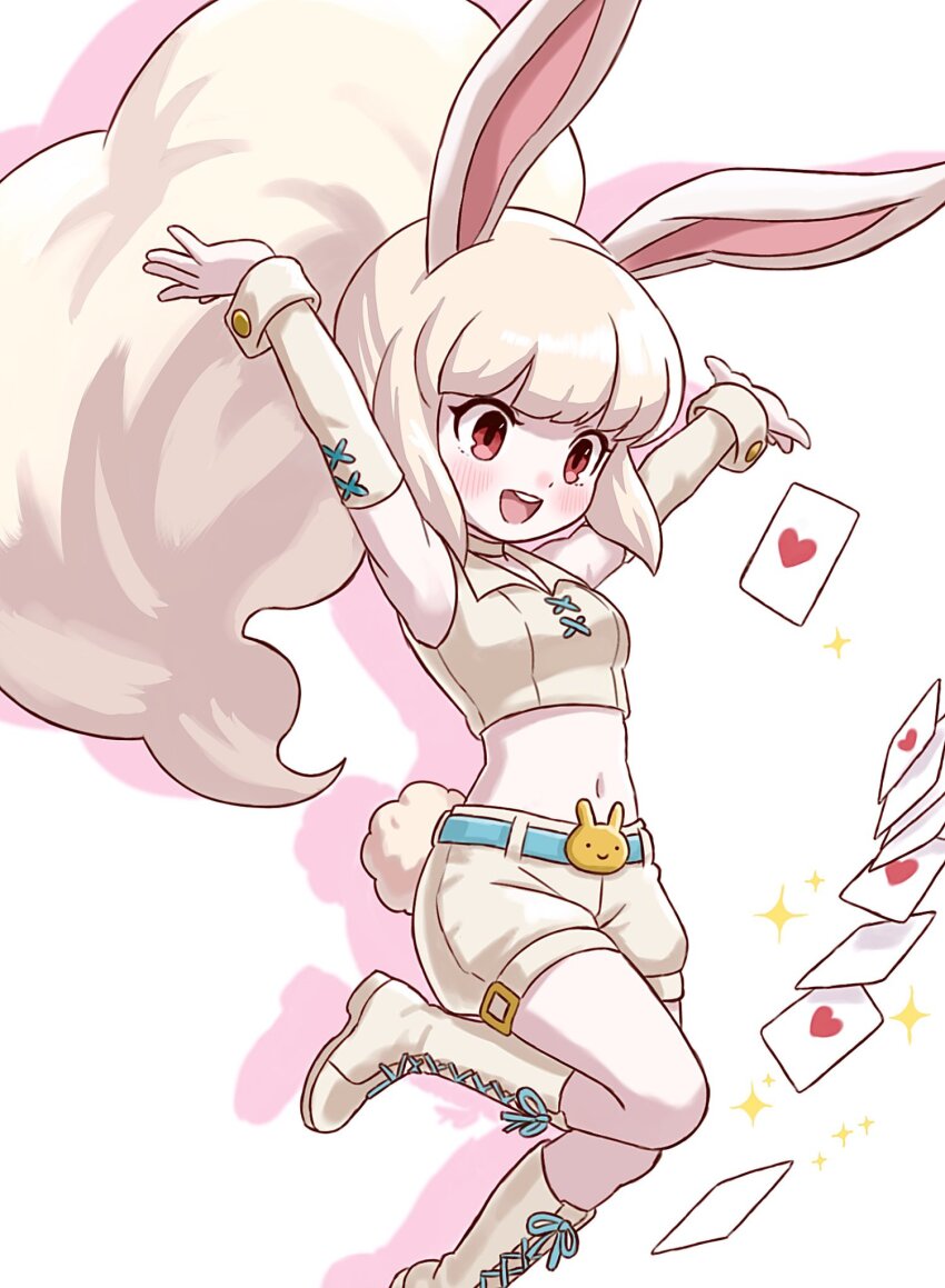 1girl, animal_ears, arms_up, belt, blue_belt, boots, bopon_o0o, card, crop_top, hashtag-only_commentary, highres, long_hair, midriff, navel, open_mouth, playing_card, rabbit_ears, rabbit_girl, rabbit_tail, red_eyes, shirt, shorts, sleeveless, sleeveless_shirt, snowrabby, solo, sparkle, tail, teeth, upper_teeth_only, white_boots, white_hair, white_shirt, white_shorts, youkai_(youkai_watch), youkai_watch