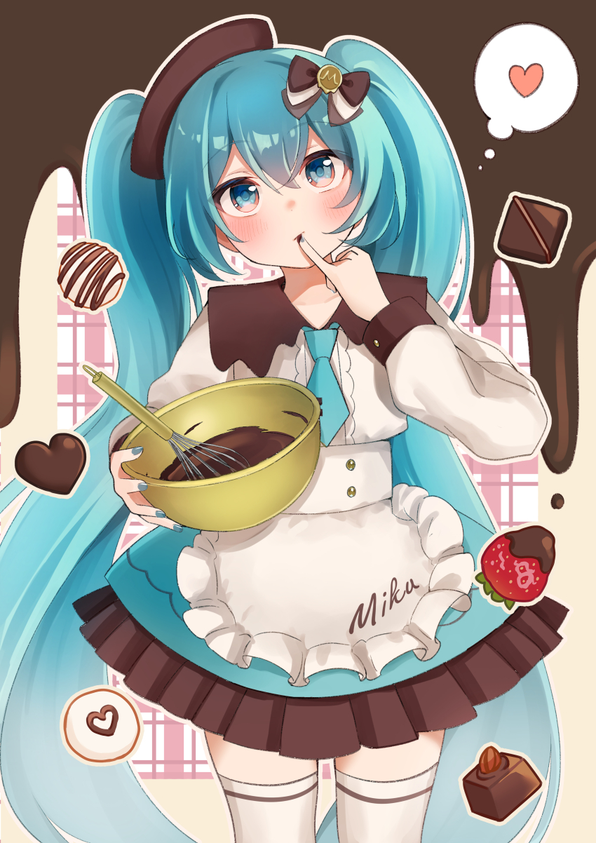 1girl, absurdres, apron, blue_hair, blue_necktie, blue_skirt, blush, bow, brown_bow, brown_hat, chocolate, closed_mouth, commentary_request, cowboy_shot, double-parted_bangs, finger_in_own_mouth, food, frilled_apron, frilled_skirt, frills, fruit, hair_between_eyes, hair_bow, hat, hatsune_miku, heart, highres, holding_mixing_bowl, long_hair, meruko-san, necktie, outline, pink_background, plaid_background, shirt, short_necktie, skirt, solo, speech_bubble, spoken_heart, strawberry, thighhighs, thought_bubble, tie_clip, twintails, valentine, vocaloid, waist_apron, whisk, white_apron, white_outline, white_shirt, white_thighhighs, zettai_ryouiki