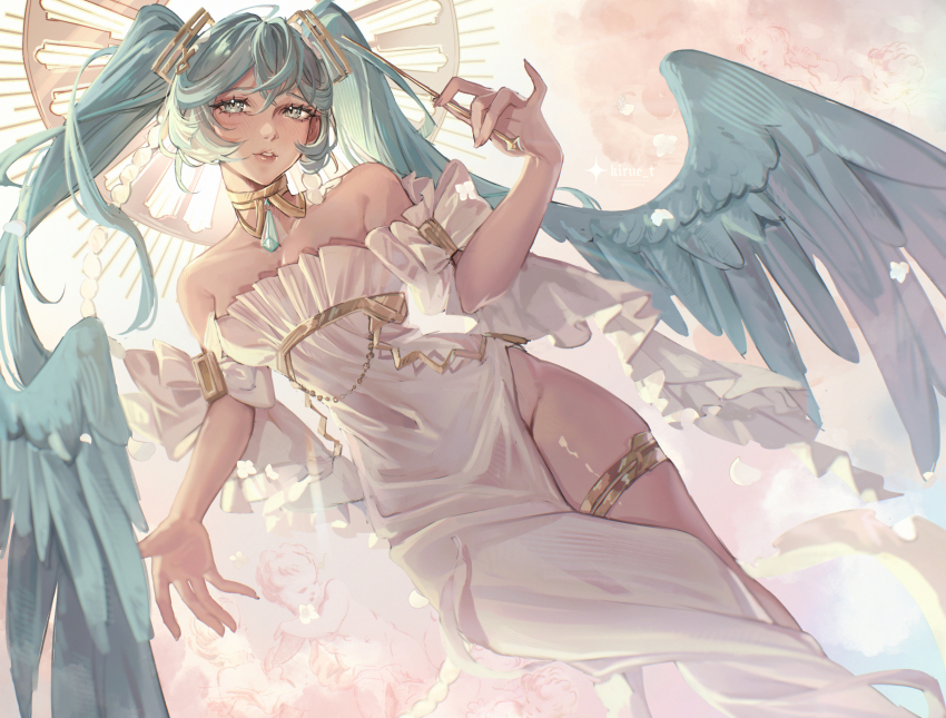 1girl, aqua_eyes, aqua_hair, aqua_nails, bare_shoulders, breasts, choker, cleavage