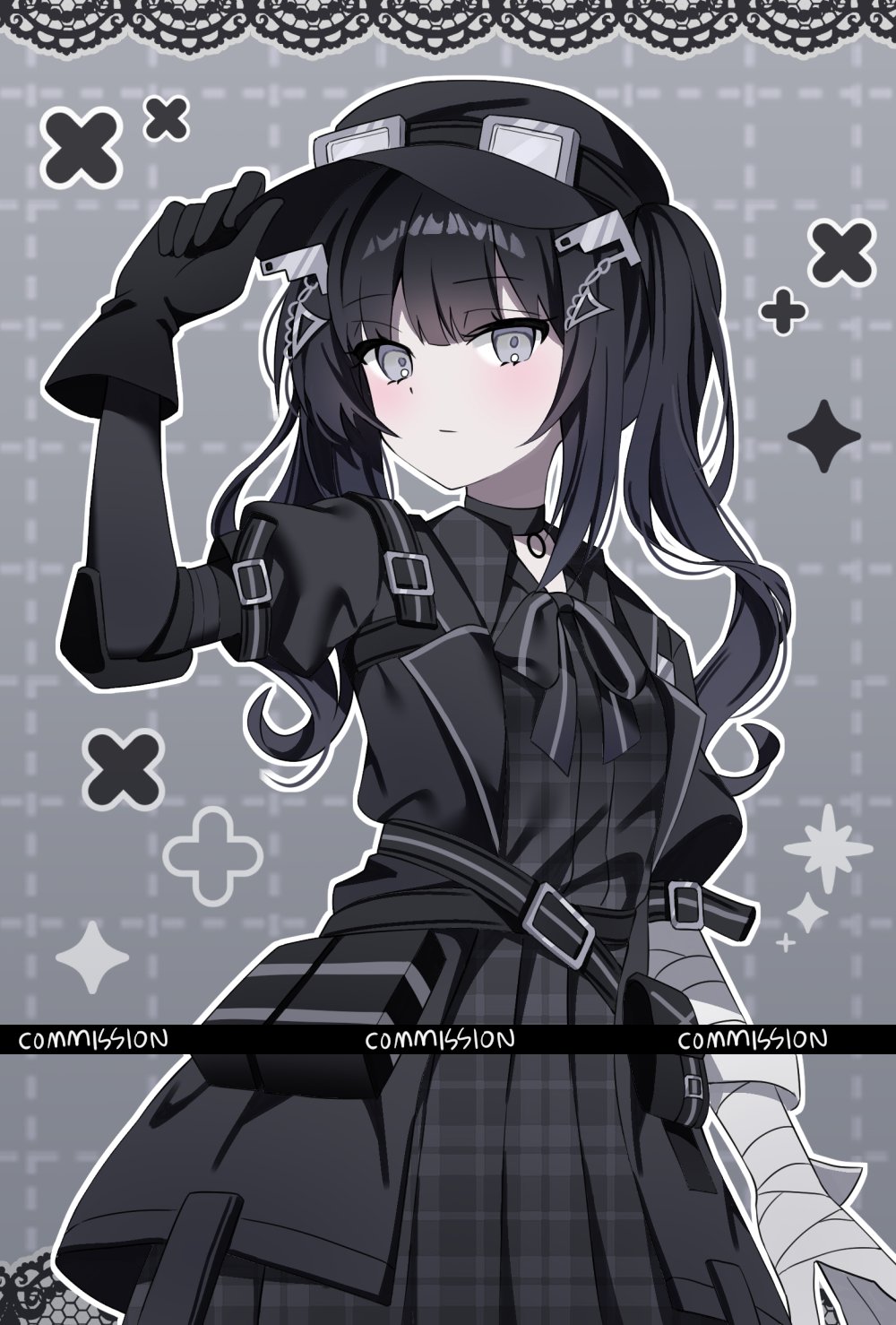 1girl, ammunition_pouch, bandaged_arm, bandages, belt, black_belt, black_choker, black_gloves