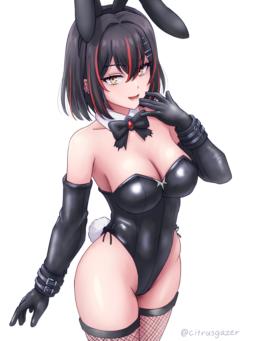 1girl, absurdres, animal_ear_hairband, animal_ears, black_bow, black_bowtie, black_gloves, black_hair