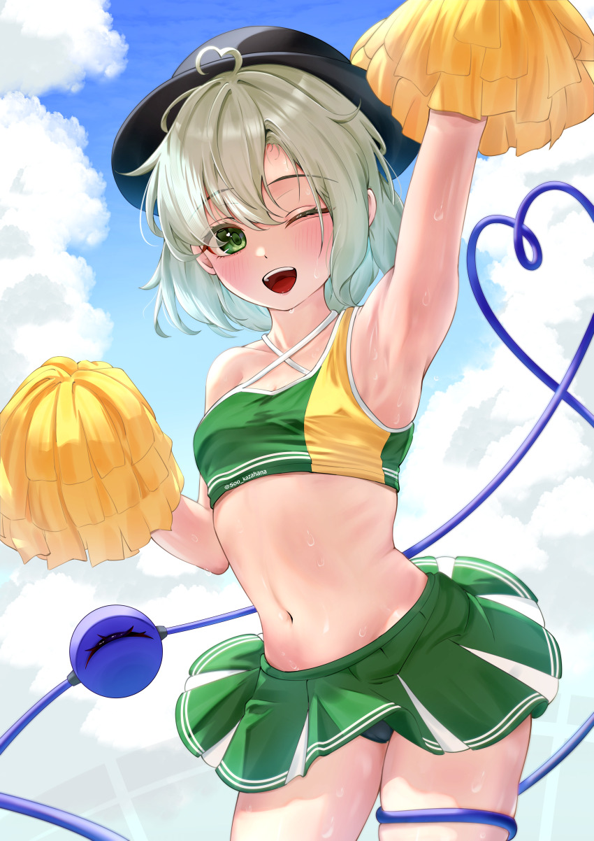 1girl, absurdres, ahoge, alternate_costume, arm_up, armpits, black_hat, blue_sky