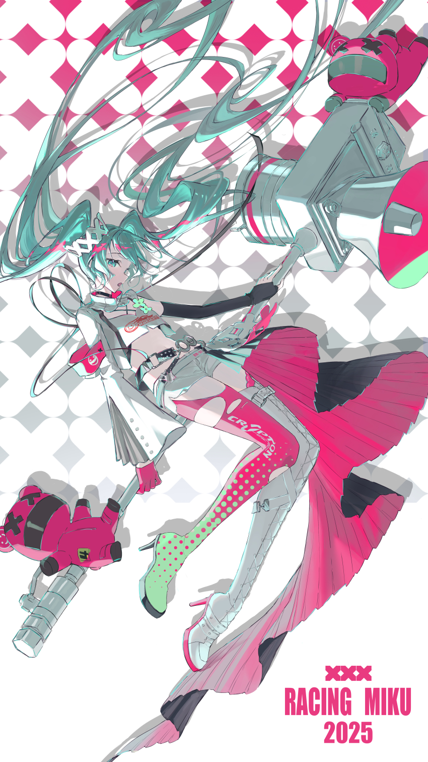 1girl, absurdres, aqua_eyes, aqua_hair, asymmetrical_footwear, asymmetrical_sleeves, black_gloves, boots