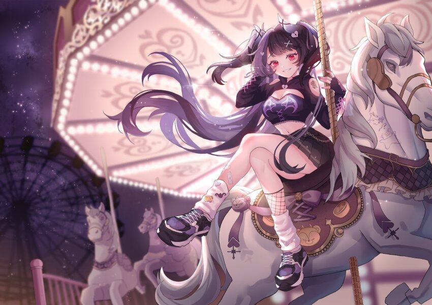 1girl, amusement_park, auroralive, bandaid, bandaid_on_leg, black_hair, black_ribbon, black_shirt