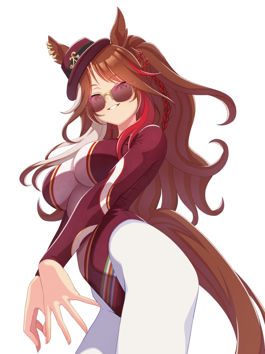 1girl, animal_ears, blush, braid, breasts, brown_hair, commentary_request, ears_through_headwear