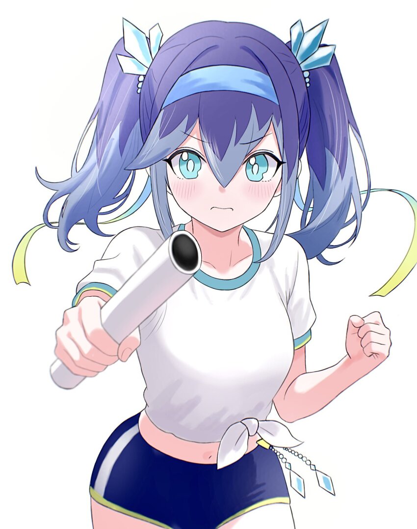 1girl, blue_buruma, blue_eyes, blue_hair, bopon_o0o, buruma, clenched_hand, commentary_request