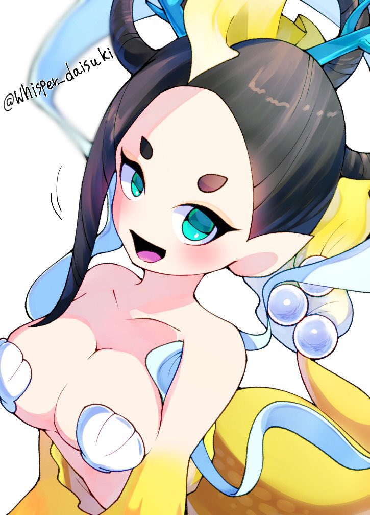 1girl, aqua_eyes, artist_name, bare_shoulders, bikini, black_hair, breasts, commentary_request, large_breasts, looking_at_viewer, mermaid, monster_girl, open_mouth, pointy_ears, shell, shell_bikini, simple_background, solo, swimsuit, whisper_daisuki, white_background, yaobikuni_(youkai_watch), youkai_(youkai_watch), youkai_watch