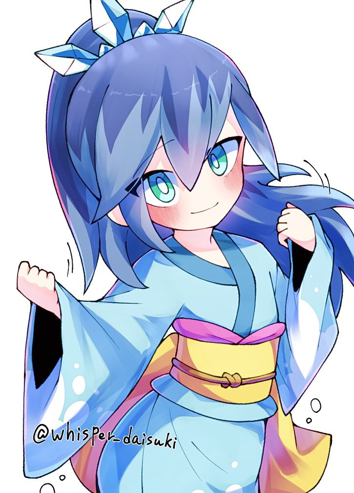 1girl, artist_name, blue_eyes, blue_hair, blue_kimono, blush, clenched_hands, commentary_request