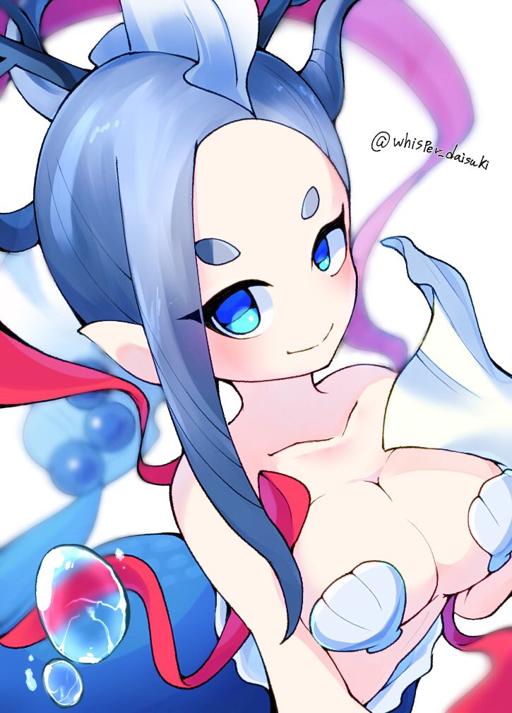 1girl, bikini, blue_eyes, blue_hair, breasts, bubble, commentary_request, izanami_(youkai_watch), large_breasts, looking_at_viewer, mermaid, monster_girl, shell, shell_bikini, simple_background, solo, swimsuit, whisper_daisuki, youkai_(youkai_watch), youkai_watch