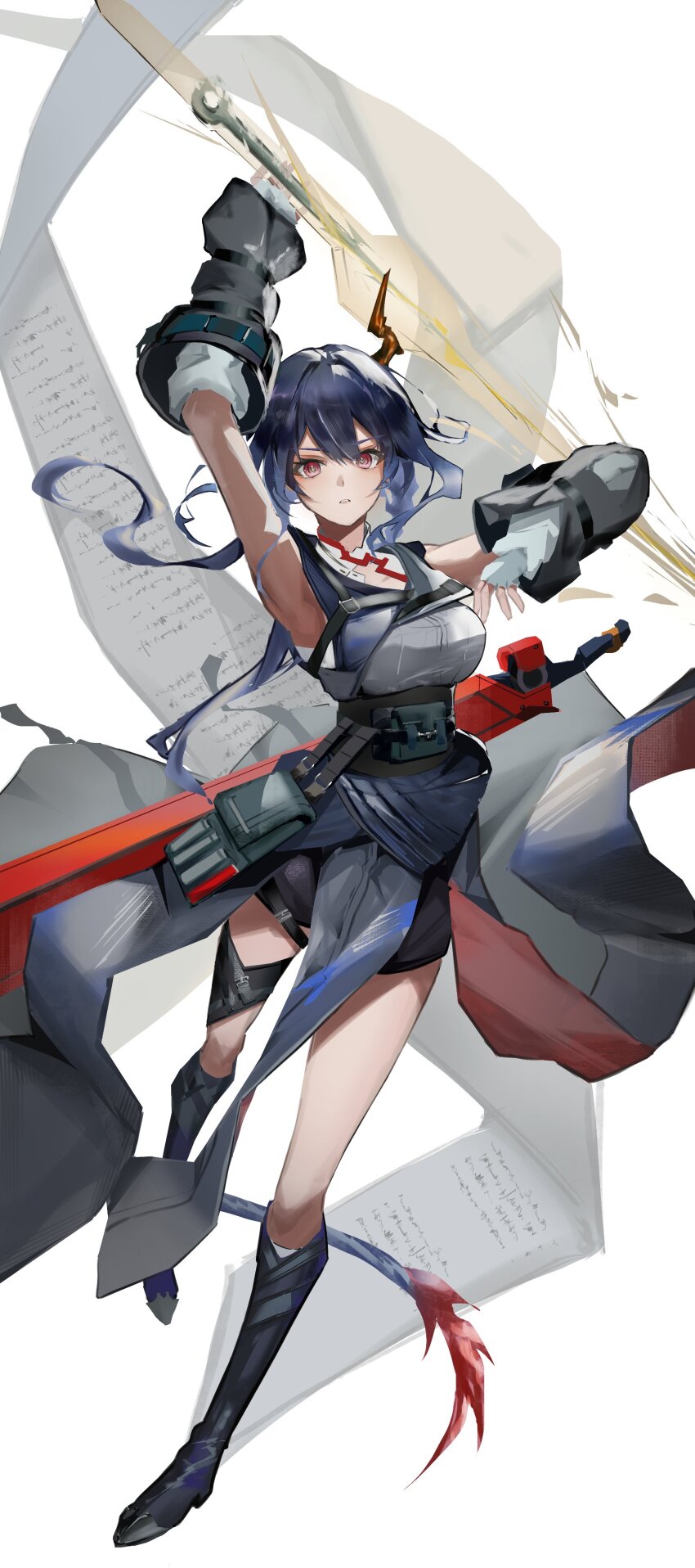 1girl, absurdres, arknights, arm_up, armpits, black_boots, black_coat, black_shorts