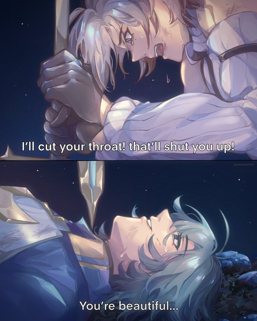 2boys, absurdres, black_gloves, commentary, detached_sleeves, el_(sailunadoods), english_commentary, genshin_impact, gloves, highres, holding, holding_weapon, illuga_(genshin_impact), lohen_(genshin_impact), long_sleeves, looking_at_another, lying, male_focus, mole, mole_under_eye, multiple_boys, night, on_back, outdoors, parted_lips, scar, scar_on_shoulder, split_screen, teeth, weapon