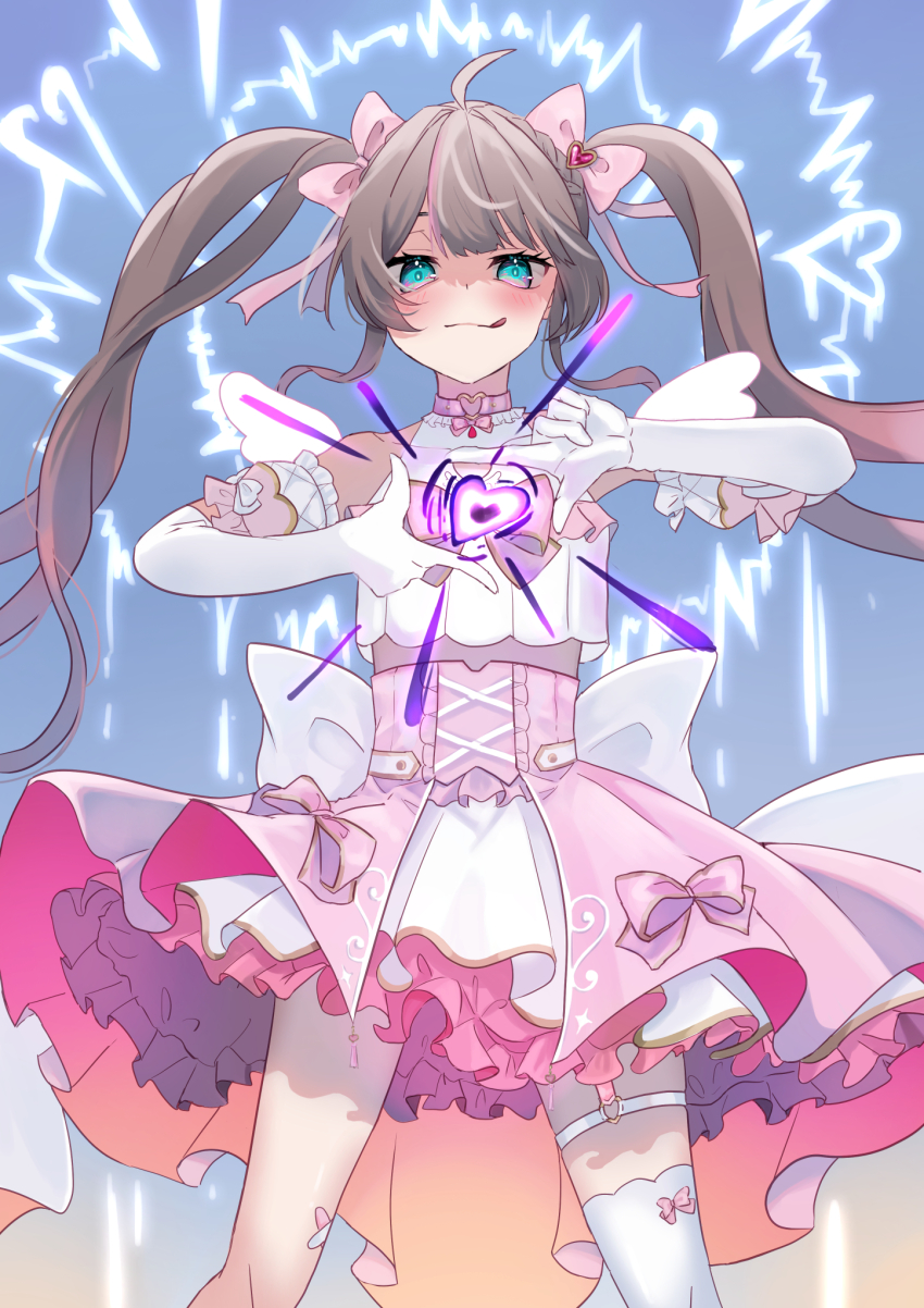 1girl, :q, ahoge, aqua_eyes, bow, dress, elbow_gloves, frills