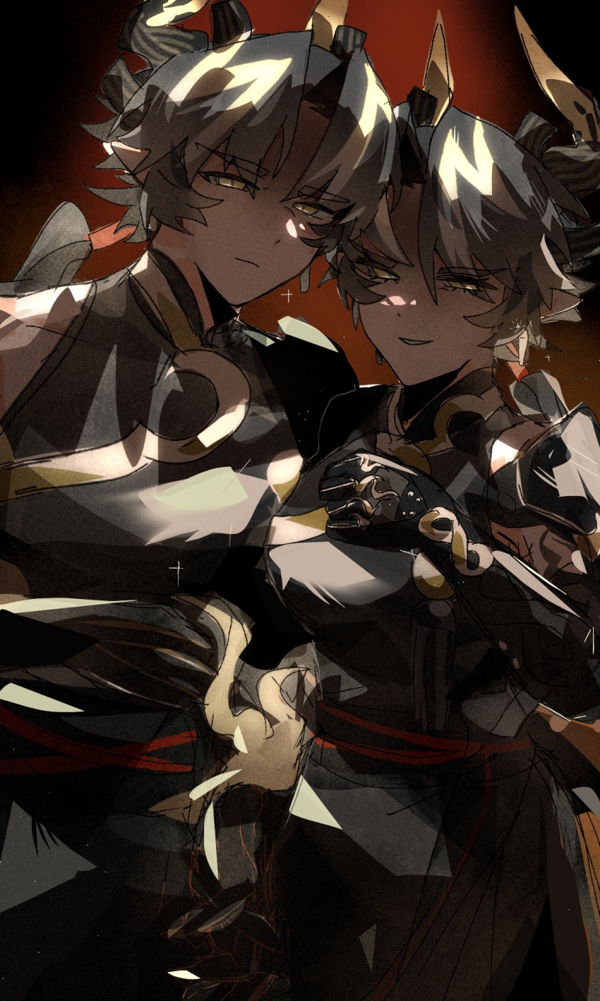 1boy, 1girl, arknights, black_hair, black_shirt, chinese_commentary, chongyue_(arknights), commentary_request, cowboy_shot, dark, dragon_horns, eastern_dragon_horns, evil_smile, genderswap, genderswap_(mtf), hair_tubes, half-closed_eyes, hand_up, heads_together, highres, horns, low_ponytail, parted_bangs, parted_lips, ponytail, serious, shaded_face, shirt, short_hair, shuo's_husk_(arknights), simple_background, single_hair_tube, sketch, sleeveless, smile, yellow_eyes, youruipt