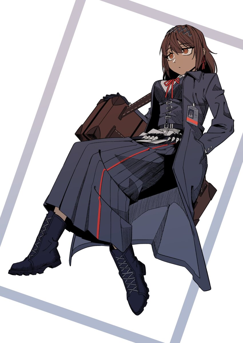 1girl, blue_boots, blue_coat, blue_dress, boots, breasts, brown_bag, brown_eyes