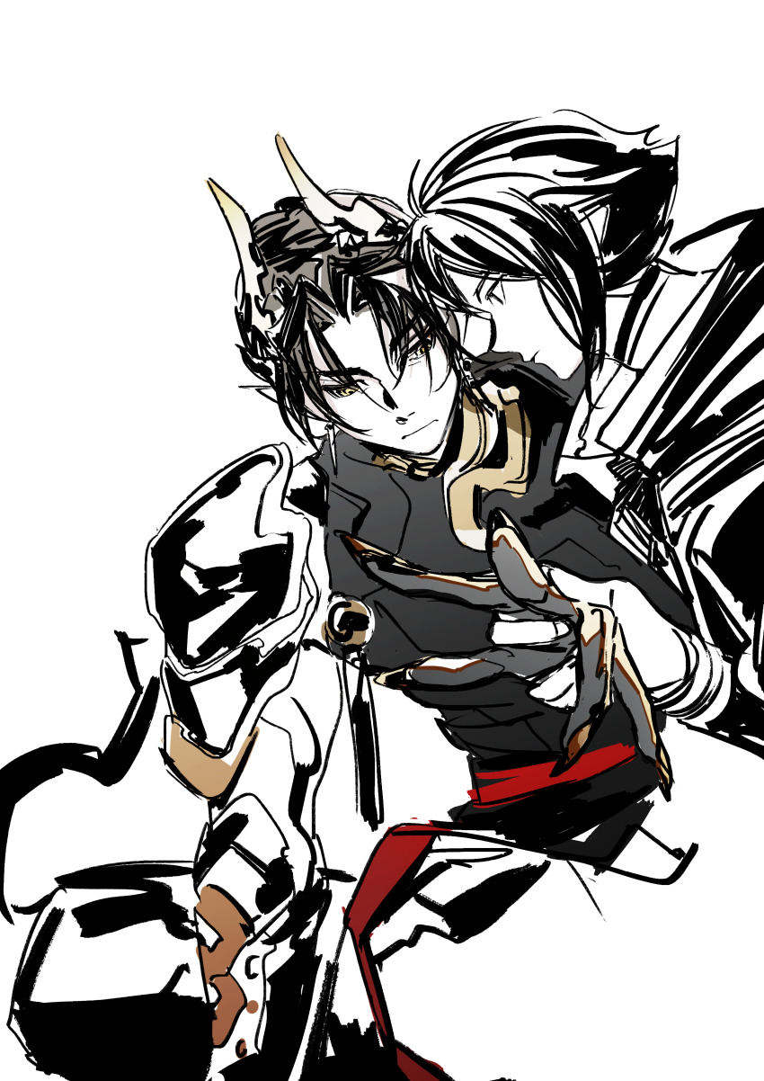 2boys, absurdres, arknights, belt, black_shirt, chinese_commentary, chongyue_(arknights), claws