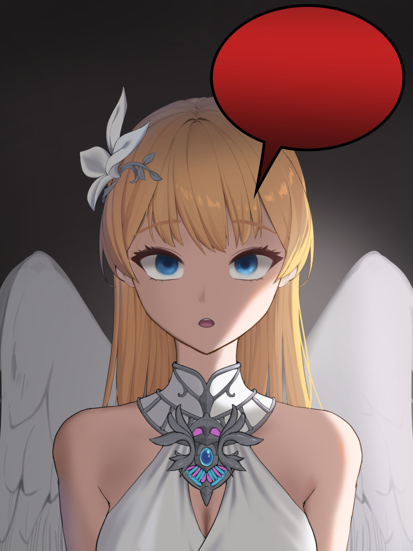 1girl, absurdres, bare_shoulders, blank_speech_bubble, blonde_hair, blue_eyes, blue_gem, breasts