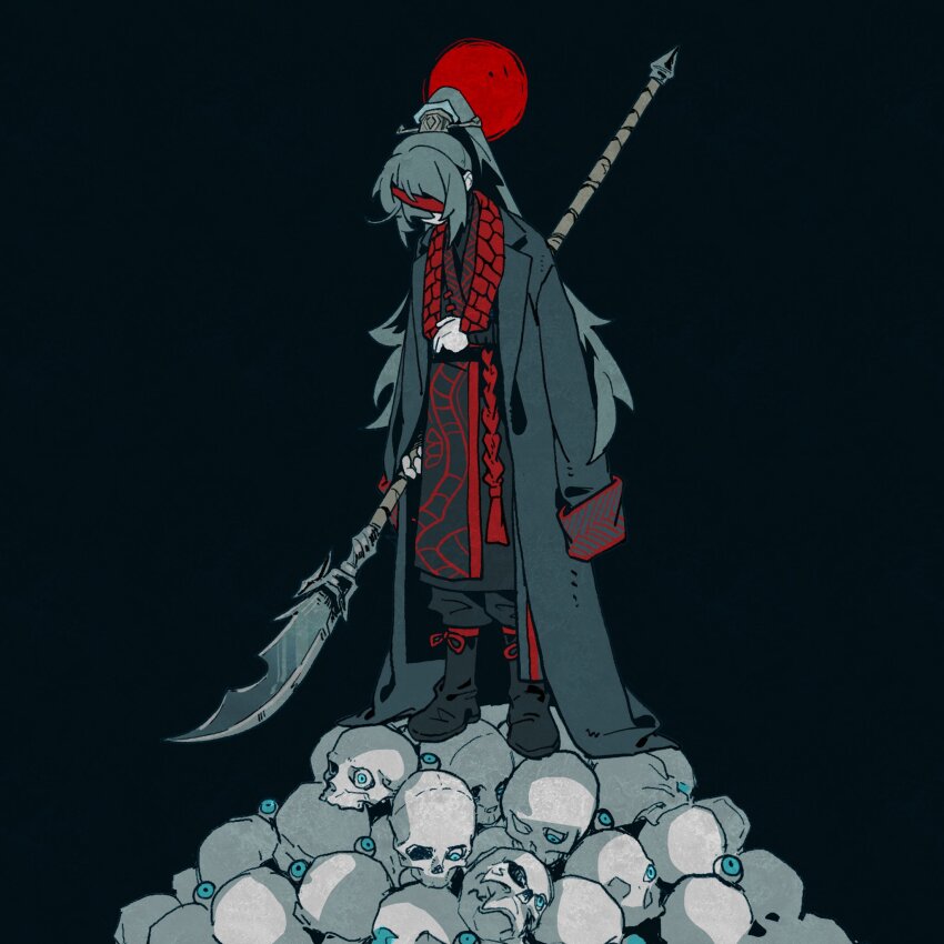 1boy, black_background, black_hair, black_robe, blue_sky, chengnnnan, commentary_request, full_body, glaive_(polearm), high_ponytail, highres, holding, holding_polearm, holding_weapon, hong_lu_(project_moon), hongyuan_(identity)_(project_moon), limbus_company, male_focus, polearm, ponytail, project_moon, robe, simple_background, skull, sky, solo, standing, weapon