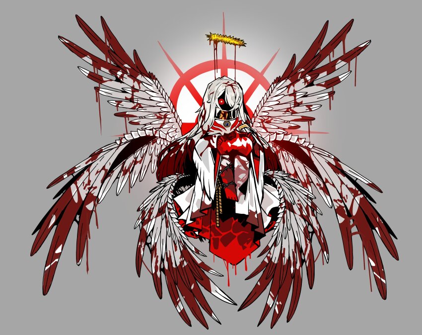 1girl, absurdres, blood, commentary, commentary_request, e.g.o_(project_moon), english_commentary, faust_(project_moon), full_body, glowing, glowing_eyes, grey_background, grey_hair, halo, highres, limbus_company, lobotomy_corporation, long_hair, multiple_wings, paradise_lost_(e.g.o), project_moon, red_eyes, simple_background, solo, teko1193, thorns, whitenight_(project_moon), wings
