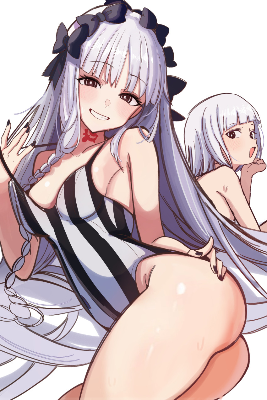 0nineo9, 1boy, 1girl, absurdres, bare_shoulders, black_bow, black_nails, blush