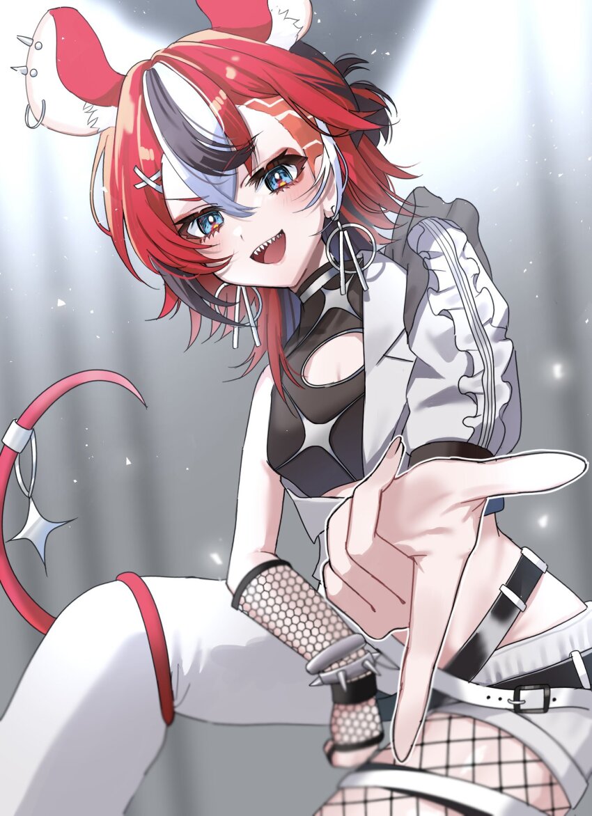 1girl, animal_ears, black_hair, blue_eyes, breasts, fishnets, hair_ornament, hakos_baelz