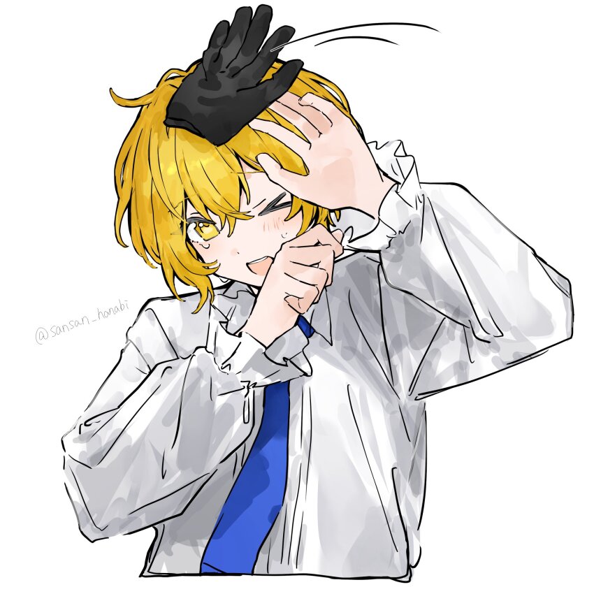 >_o, 1boy, black_gloves, blonde_hair, blue_necktie, clenched_hand, collared_shirt, cropped_torso, frilled_sleeves, frills, gloves, hair_between_eyes, hands_up, highres, limbus_company, long_sleeves, male_focus, necktie, one_eye_closed, open_hand, open_mouth, portrait, project_moon, sansan_hanabi, shirt, short_hair, sinclair_(project_moon), single_unworn_glove, solo, sweat, teeth, twitter_username, upper_teeth_only, white_shirt, white_sleeves, yellow_eyes