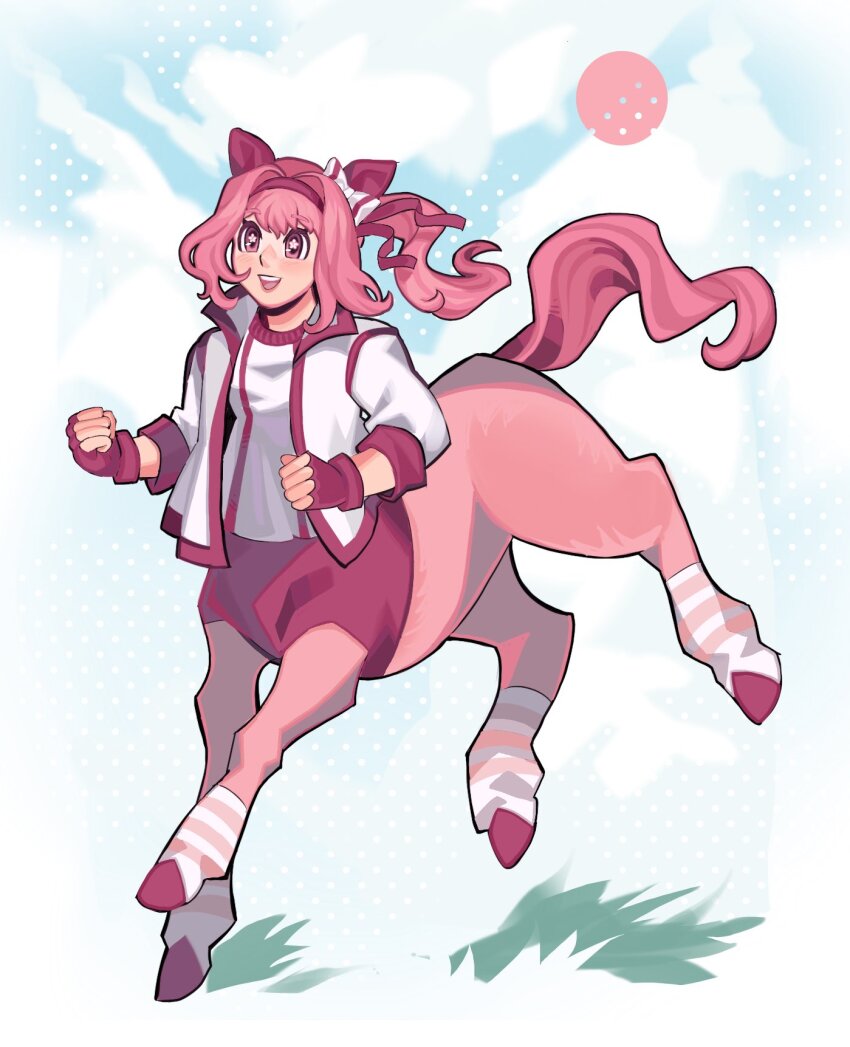 1girl, :d, animal_ears, bow, buruma, centaur, cloud, commentary