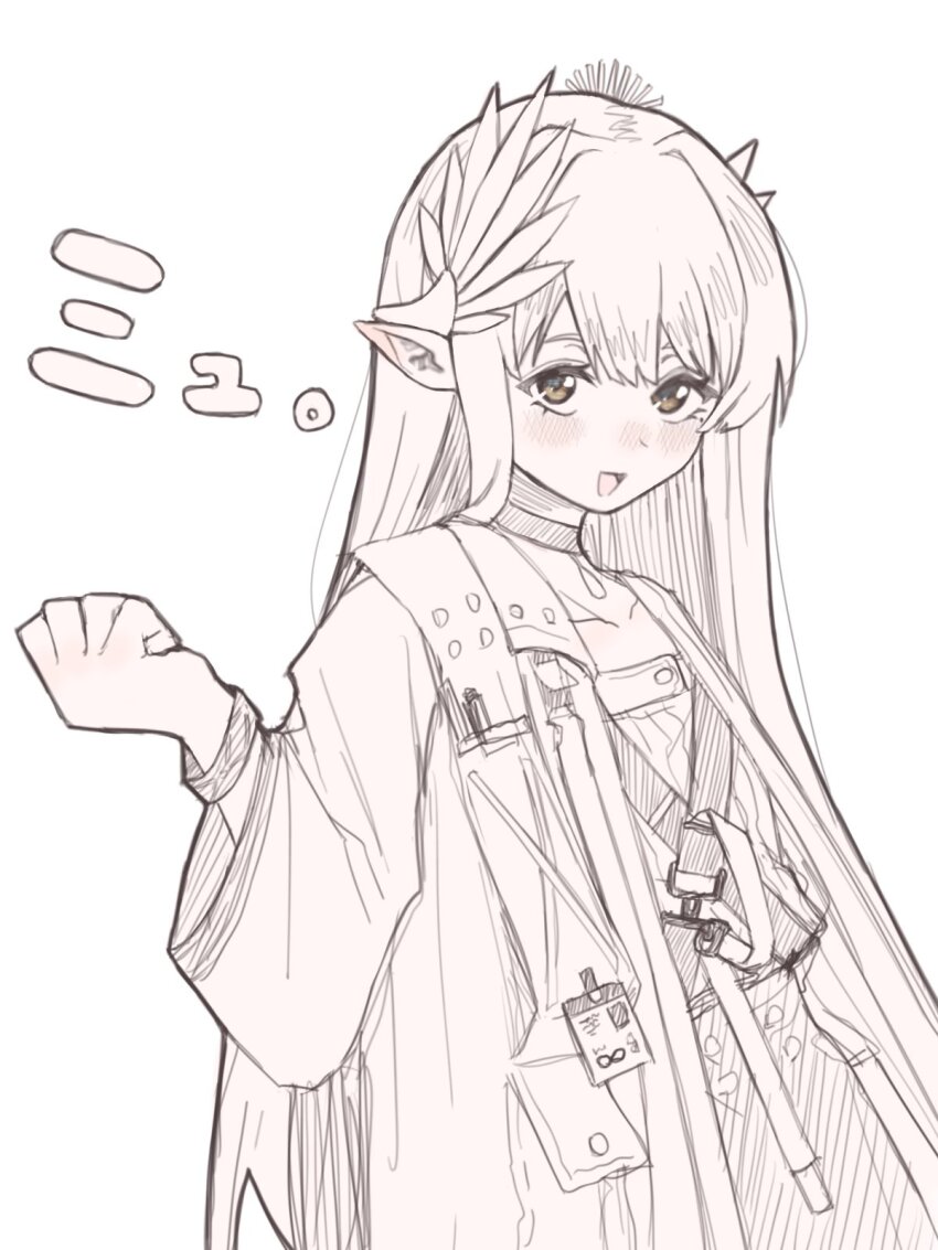 1girl, :d, arknights, blush, choker, coat, commentary, elf