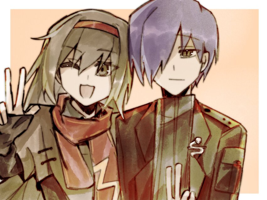 1boy, 1girl, :3, :d, brown_jacket, brown_sweater, elijah_(project_moon), gabriel_(project_moon)