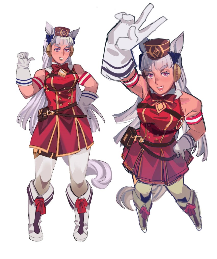 1girl, animal_ears, blunt_bangs, bow, bowtie, breasts, brown_hat, commentary