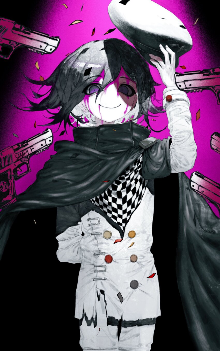 1boy, absurdres, arm_behind_back, arm_up, bandana, bandana_around_neck, black_cloak, black_hair