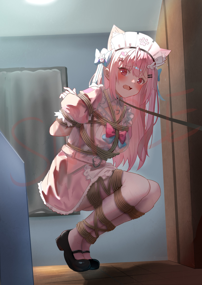 1girl, absurdres, ahoge, animal_ears, black_shoes, blush, bow, cat_ears