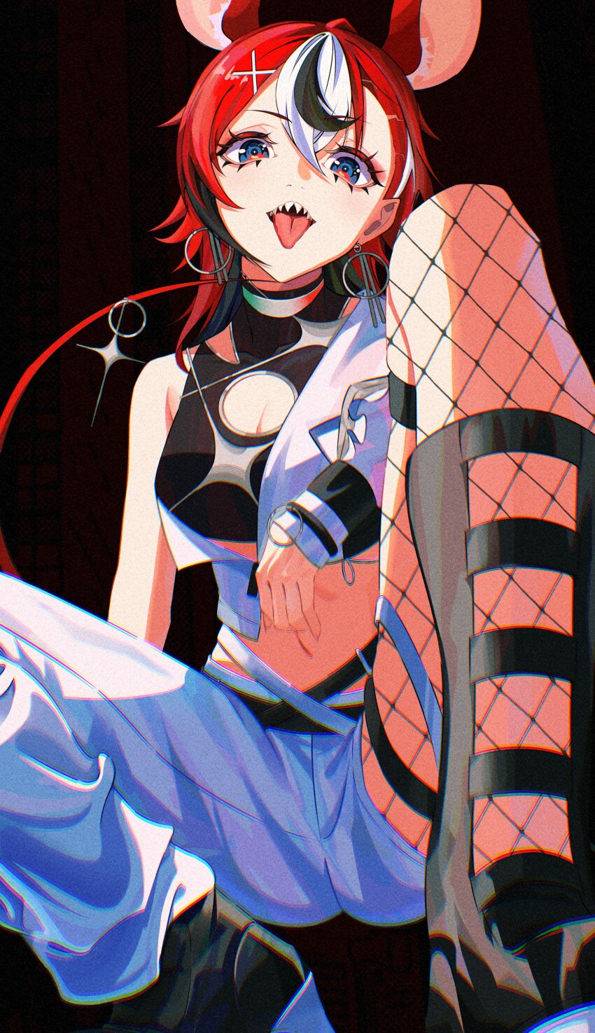 1girl, absurdres, animal_ears, black_hair, blue_eyes, breasts, fishnets, hair_ornament, hakos_baelz, hakos_baelz_(recolor), halme825, hashtag-only_commentary, highres, hololive, hololive_english, long_hair, looking_at_viewer, mouse_ears, mouse_girl, mouse_tail, multicolored_hair, navel, official_alternate_costume, red_hair, sharp_teeth, snake_eyes_(hakos_baelz), solo, squatting, streaked_hair, tail, teeth, tongue, tongue_out, virtual_youtuber, white_hair