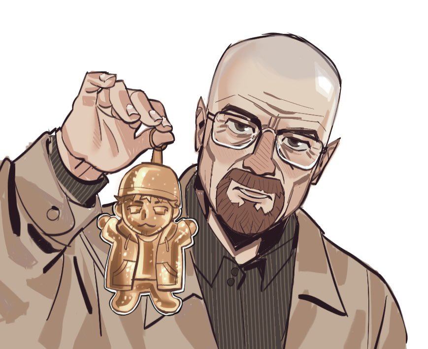 1boy, 24_karat_gold_labubu_(meme), bald, beard, black_shirt, breaking_bad, brown_coat, character_doll