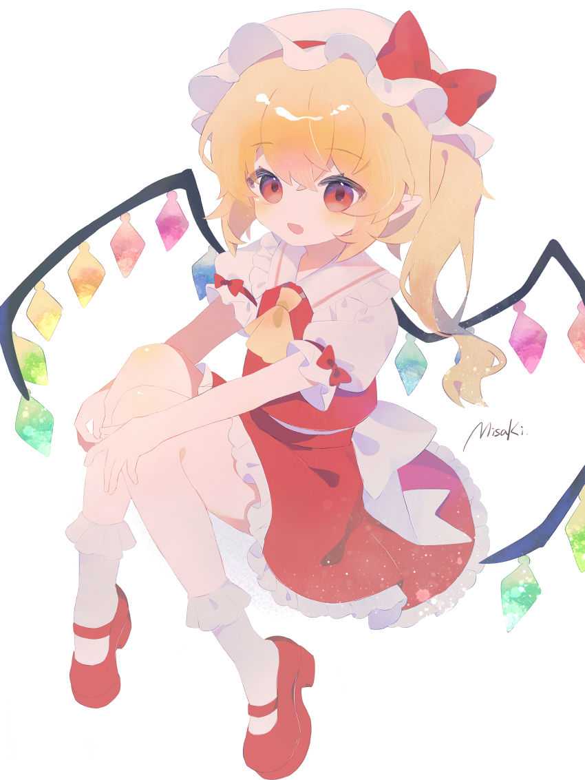 1girl, absurdres, artist_name, ascot, blonde_hair, collared_shirt, commentary_request, crystal_wings