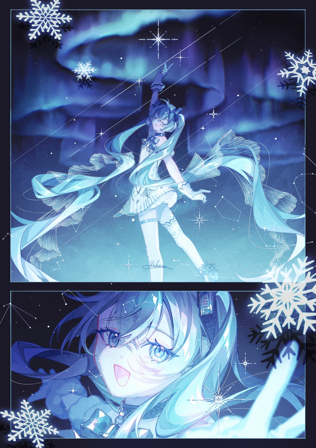 1girl, aqua_eyes, aqua_hair, arm_up, ballerina, ballet_slippers, bare_shoulders, breasts