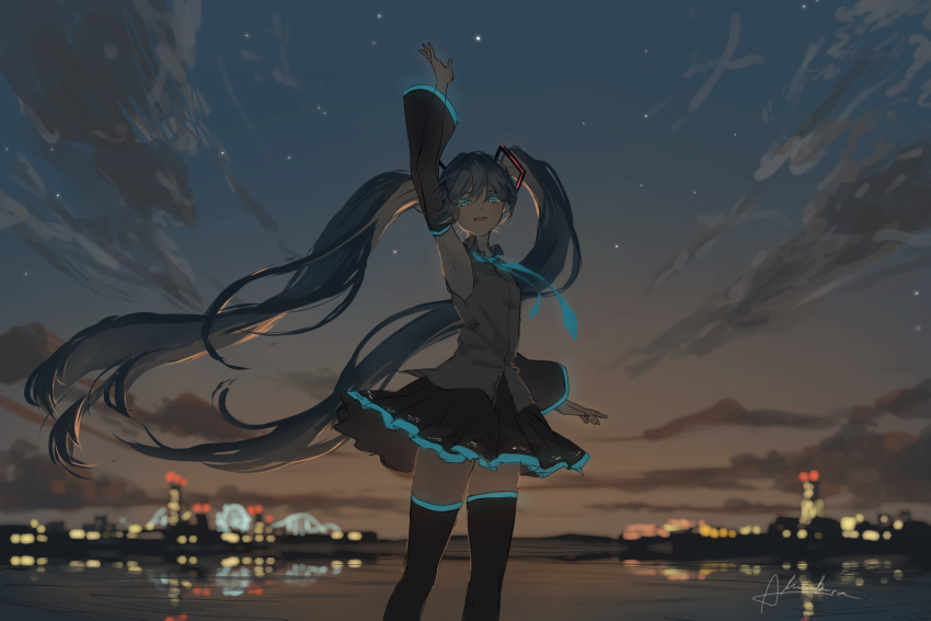 1girl, akizakura_(mns), aqua_eyes, aqua_hair, aqua_necktie, arm_up, armpits, bare_shoulders