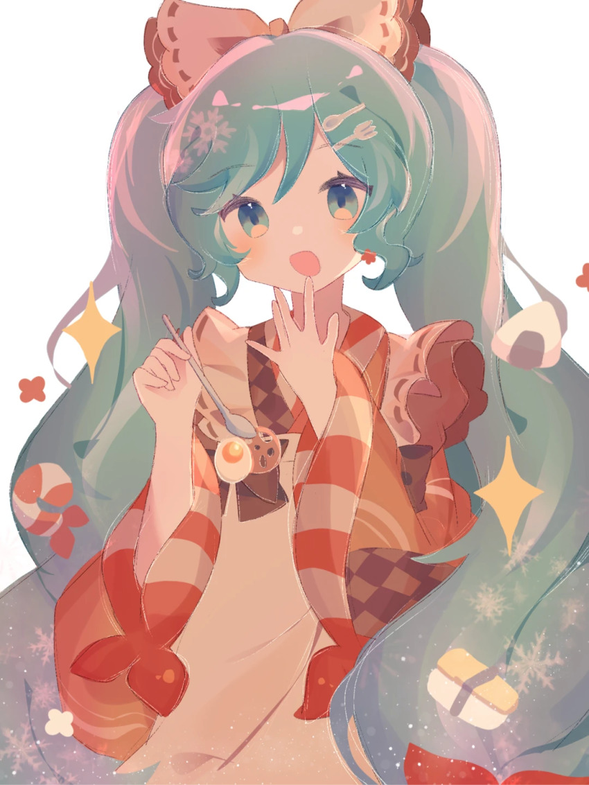 1girl, apron, aqua_eyes, aqua_hair, bow, brown_kimono, commentary_request, egg_(food)