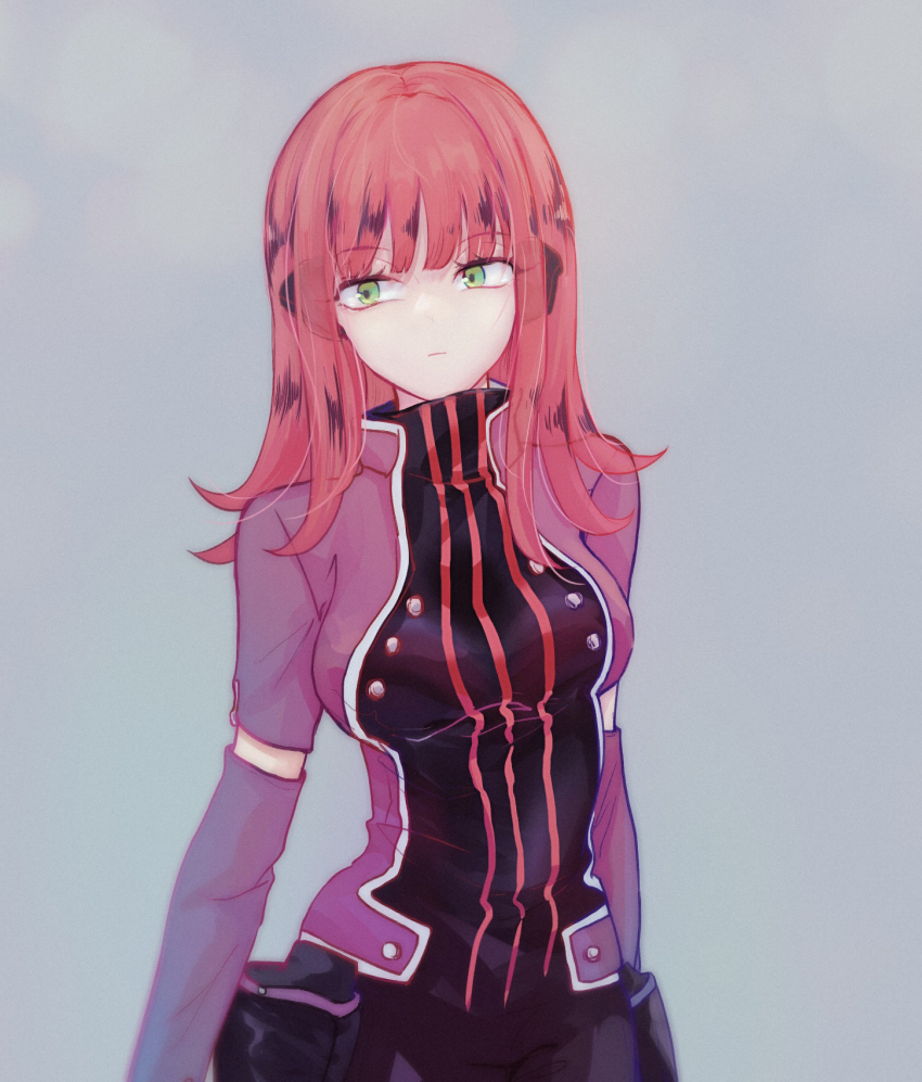 1girl, breasts, commentary, elbow_gloves, gloves, green_eyes, grey_background, headphones