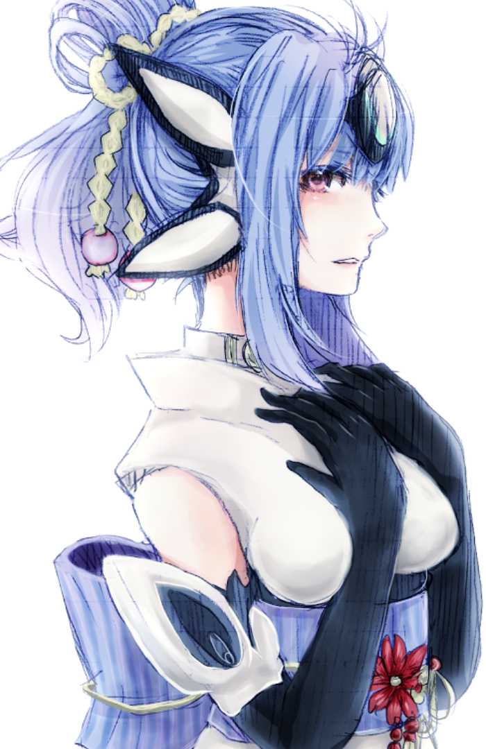 00s, 1girl, alternate_costume, alternate_hairstyle, bad_id, bad_pixiv_id, blue_hair, breasts, cropped, elbow_gloves, female_focus, gloves, hair_bun, hands_on_own_chest, haruto_yuki, japanese_clothes, kimono, kos-mos, kos-mos_ver._4, looking_at_viewer, medium_breasts, simple_background, single_hair_bun, sketch, solo, upper_body, white_background, xenosaga, xenosaga_episode_iii