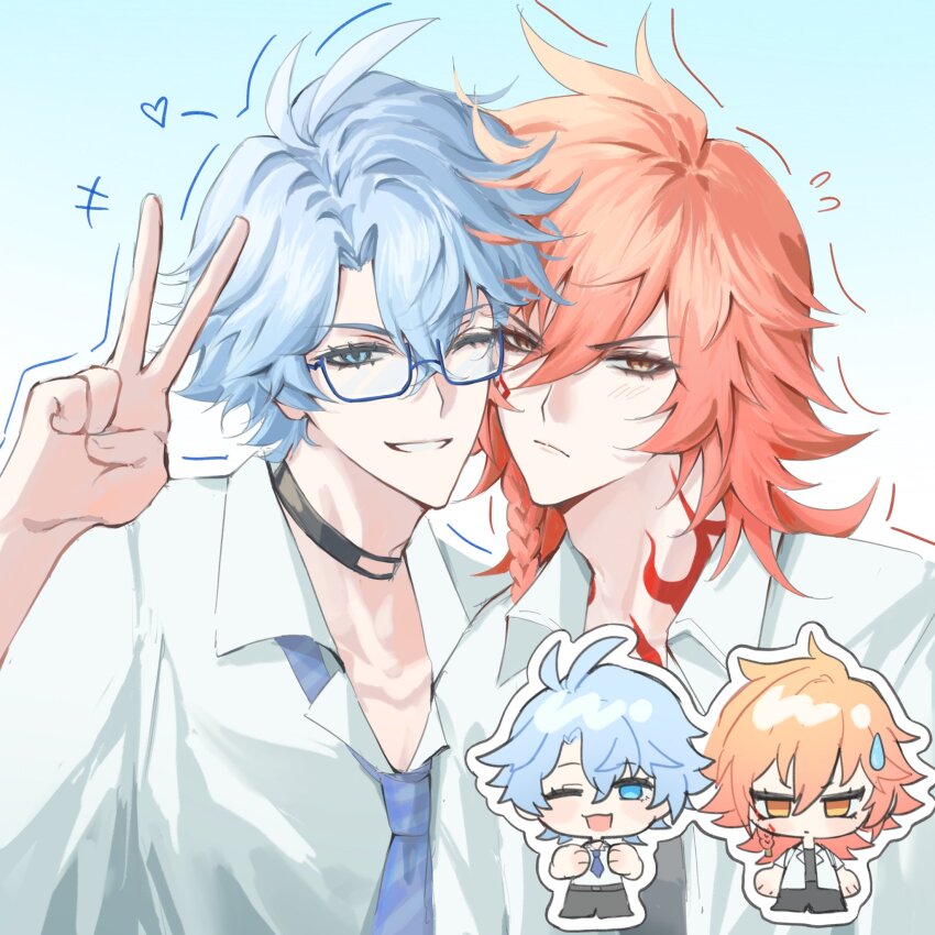 2boys, alternate_costume, antenna_hair, arm_tattoo, black_choker, black_pants, black_shirt, blonde_hair