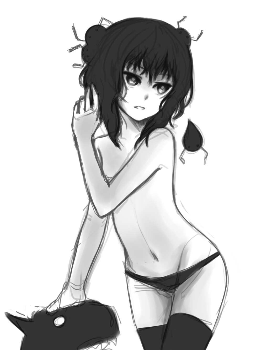 1girl, black_hair, creature, dog, female_focus, flat_chest, greyscale, groin