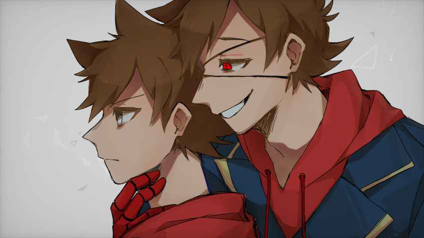 2boys, animification, antenna_hair, blue_coat, brown_hair, coat, commentary, cyborg