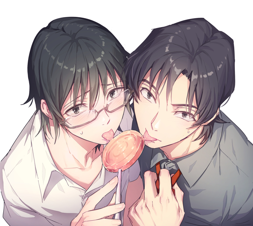 black_hair, blush, boku_dake_ga_inai_machi, butcher_shop, candy, commentary_request, dress_shirt, embarrassed, food, fujinuma_satoru, glasses, grey_shirt, highres, holding, holding_own_neckwear, licking, lollipop, looking_at_viewer, male_focus, multiple_boys, nervous_sweating, rectangular_eyewear, shirt, short_hair, simple_background, sweat, time_paradox, white_background, yaoi, yashiro_gaku