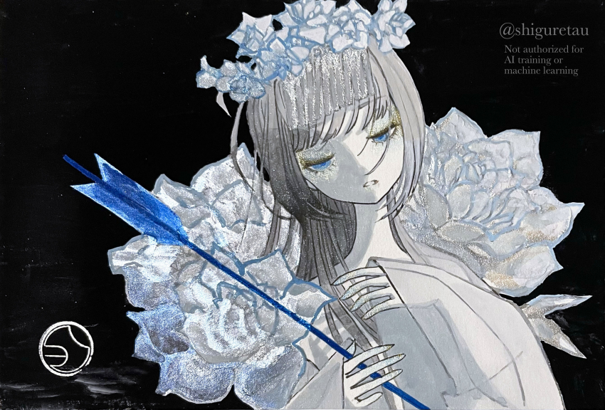 1girl, arrow_(projectile), black_background, blue_eyes, commentary_request, expressionless, flower, grey_hair