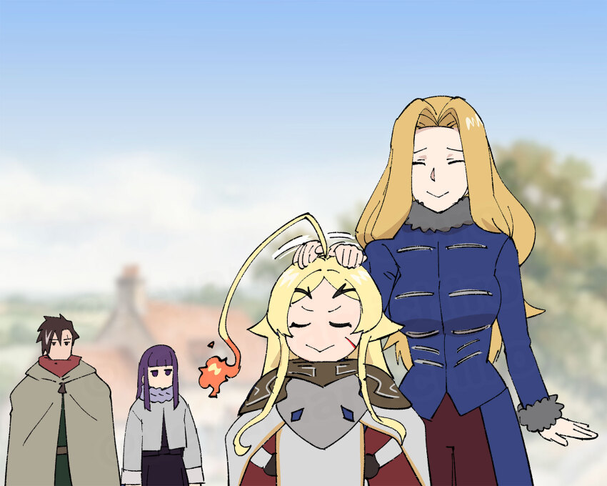 3girls, closed_eyes, crossover, fern_(sousou_no_frieren), forbartz_xylo, headpat, long_hair, methode_(sousou_no_frieren)