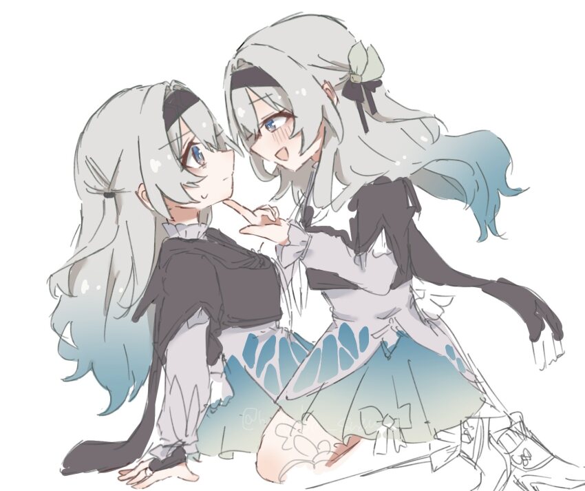 1girl, aqua_dress, black_jacket, black_ribbon, blush, clone, closed_mouth, commentary