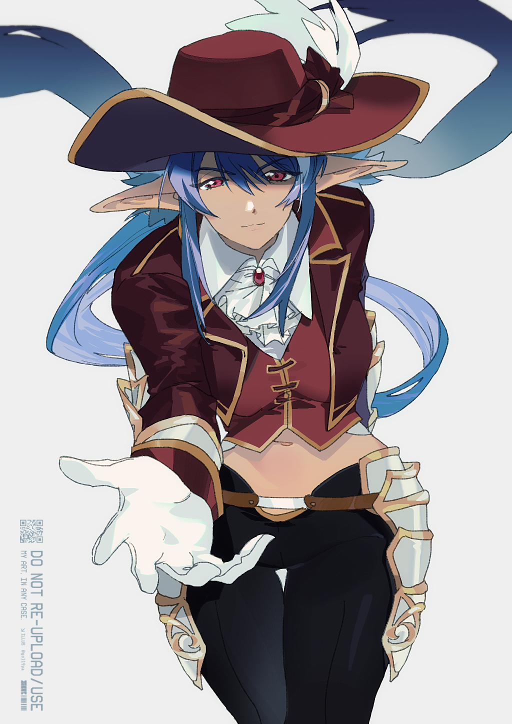 1girl, alternate_costume, arm_behind_back, ascot, black_pants, blue_hair, brooch, cavalier_hat, closed_mouth, collared_shirt, commentary_request, cropped_jacket, cropped_vest, cuisses, floating_hair, gloves, goya_(xalbino), hair_between_eyes, hat, hat_feather, highres, jacket, jewelry, judith_(into_the_sky)_(tales), judith_(tales), light_smile, long_hair, long_sleeves, lowleg, lowleg_pants, midriff, navel, official_alternate_costume, pants, pointy_ears, ponytail, reaching, reaching_towards_viewer, red_eyes, red_hat, red_jacket, red_vest, shirt, simple_background, smile, solo, tales_of_(series), tales_of_vesperia, vambraces, vest, white_ascot, white_background, white_gloves, white_shirt