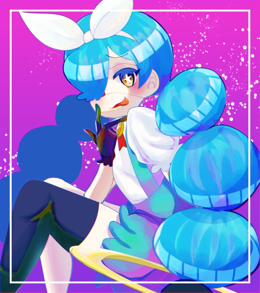 1girl, annie_(skullgirls), blue_hair, blush, bow, braid, brooch, eyepatch