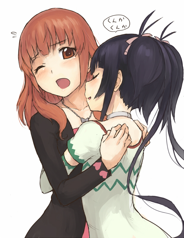 2girls, black_hair, blush, brown_eyes, brown_hair, chiwino, choker, closed_eyes, collarbone, hair_ribbon, harune_aira, hug, jewelry, kurisu_kaname, multiple_girls, necklace, one_eye_closed, pink_ribbon, pretty_series, pretty_rhythm, pretty_rhythm_aurora_dream, ribbon, simple_background, smelling, syn_sophia, translated, white_background, wink, yuri