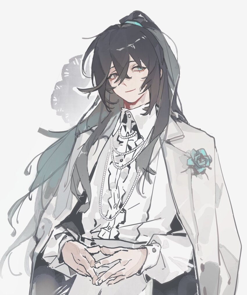 1boy, black_eyes, black_hair, blue_eyes, blue_flower, boutonniere, center_frills, chengnnnan